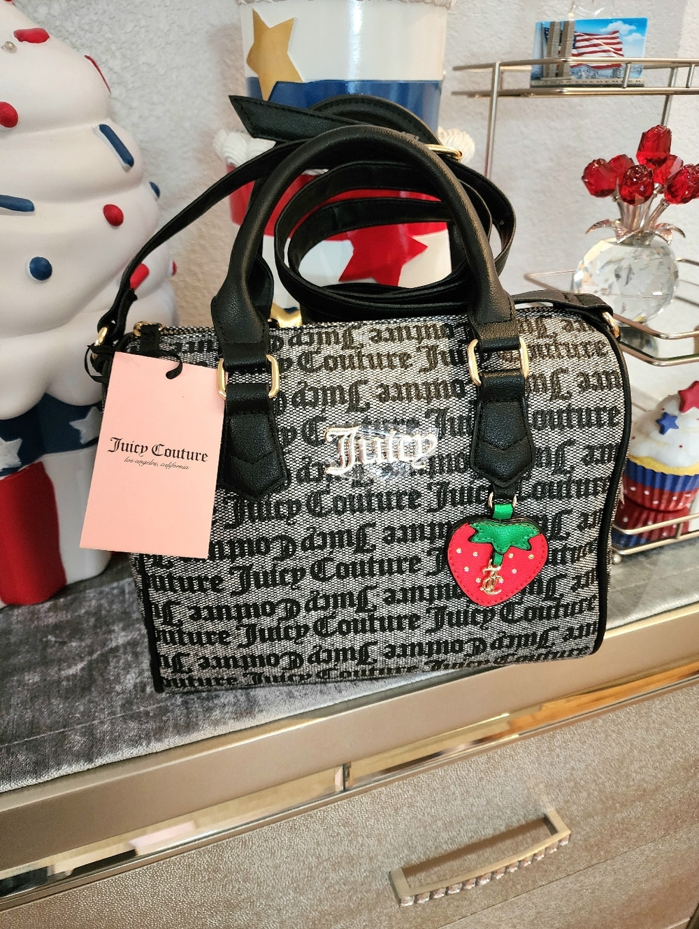 Juicy Couture Black Purse Tote Bag Satchel Handbag Red Strawberry Charm New Y2k